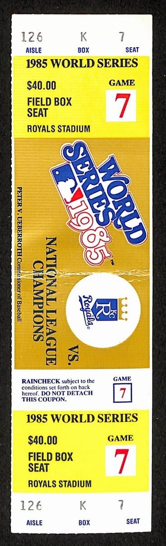 Cardinals Royals 1st WS 1985 10/ 27/ World Series Game 7 Full Ticket: Cardinals Royals 1st WS 1985 10/ 27/ World Series Game 7 Full Ticket Original 1985 World Series Game 7 Ticket Stub from the Cardinals' historic championship season, featuring the iconic team logo and 