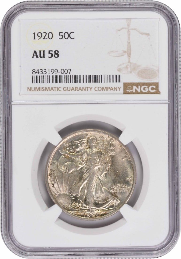 1920 Walking Liberty Silver Half Dollar AU58 NGC: 1920 Walking Liberty Silver Half Dollar AU58 NGC The 1920 Walking Liberty Silver Half Dollar features the iconic design by Adolph Alexander Weinman, showcasing Lady Liberty walking towards the dawn. M