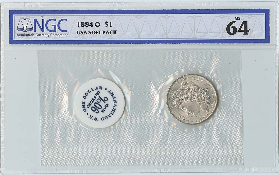 1884-O Morgan Dollar GSA SOFT PACK S$1 NGC MS64: 1884-O Morgan Dollar GSA SOFT PACK S$1 NGC MS64 Soft-packed and certified by the Numismatic Guaranty Corporation (NGC), this 1884-O Morgan Dollar boasts an MS64 grade, indicating exceptional condition