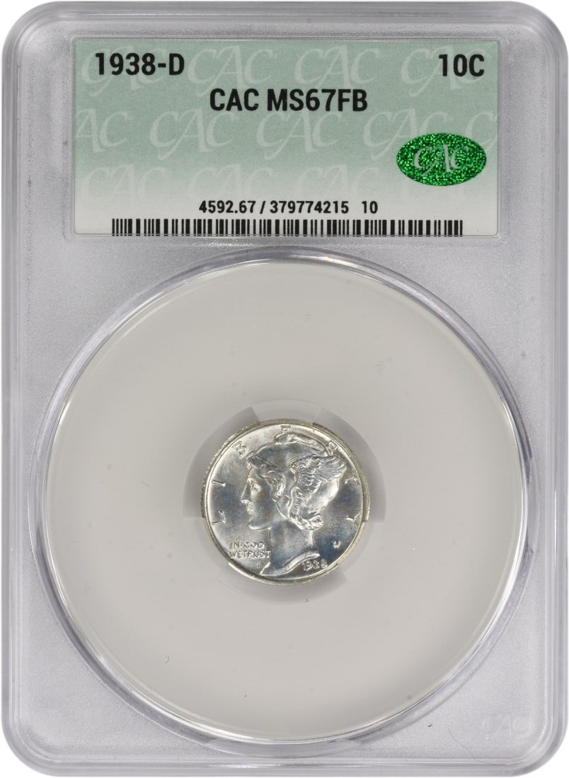1938-D Mercury Silver Dime MS67FB CACG: 1938-D Mercury Silver Dime MS67FB CACG The 1938-D Mercury Silver Dime MS67FB CACG is an exceptional example of American numismatics, boasting a high-grade circulated/uncirculated certification from th