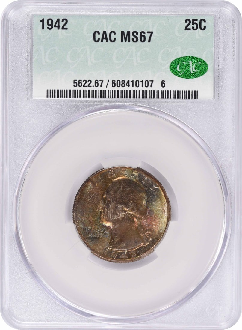 Silver Quarter from 1942 MS67 CACG: Silver Quarter from 1942 MS67 CACG The 1942 Silver Quarter, graded MS67 by CACG, boasts exceptional condition with a Circulated/Uncirculated designation. This highly detailed coin features a reeded ed