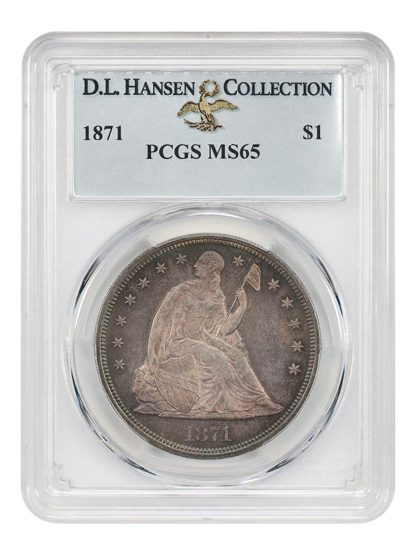 1871 $1 PCGS MS65 ex: D.L. Hansen - Liberty Seated Dollar - Only Two Finer!: 1871 $1 PCGS MS65 ex: D.L. Hansen - Liberty Seated Dollar - Only Two Finer! Only Two Finer! This 1871 $1 Liberty Seated Dollar, graded MS65 by PCGS, boasts exceptional condition and rarity. Certified 