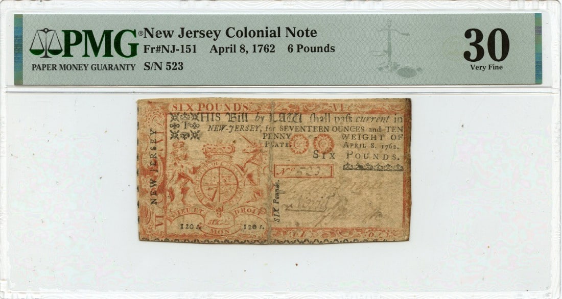 1762 April 8, 6 Pounds New Jersey Colonial Note FR#NJ-151 PMG VF30: 1762 April 8, 6 Pounds New Jersey Colonial Note FR#NJ-151 PMG VF30 This 1762 April 8, 6 Pounds New Jersey Colonial Note features a unique combination of historical significance and circulated conditio