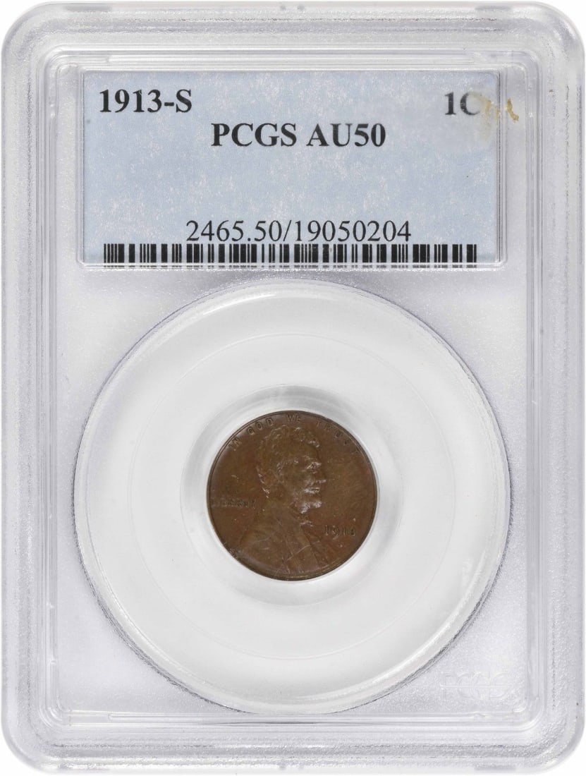 Lincoln Cent 1913-S AU50 PCGS: Lincoln Cent 1913-S AU50 PCGS The 1913-S Lincoln Cent, graded AU50 by PCGS, showcases the unique characteristics of its San Francisco minting location. This copper coin features the iconic Lincoln Whe