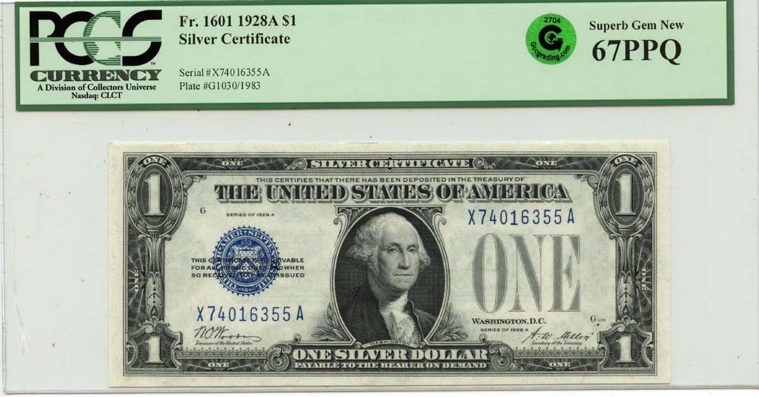 1928A $1 Silver Certificate FR#1601 PCGS Superb GEM 67 PPQ GCC Green: 1928A $1 Silver Certificate FR#1601 PCGS Superb GEM 67 PPQ GCC Green MS67 Circulated/Uncirculated Silver Certificate from 1928, certified by PCGS as Superb GEM with a unique GCC Green grade. This rare