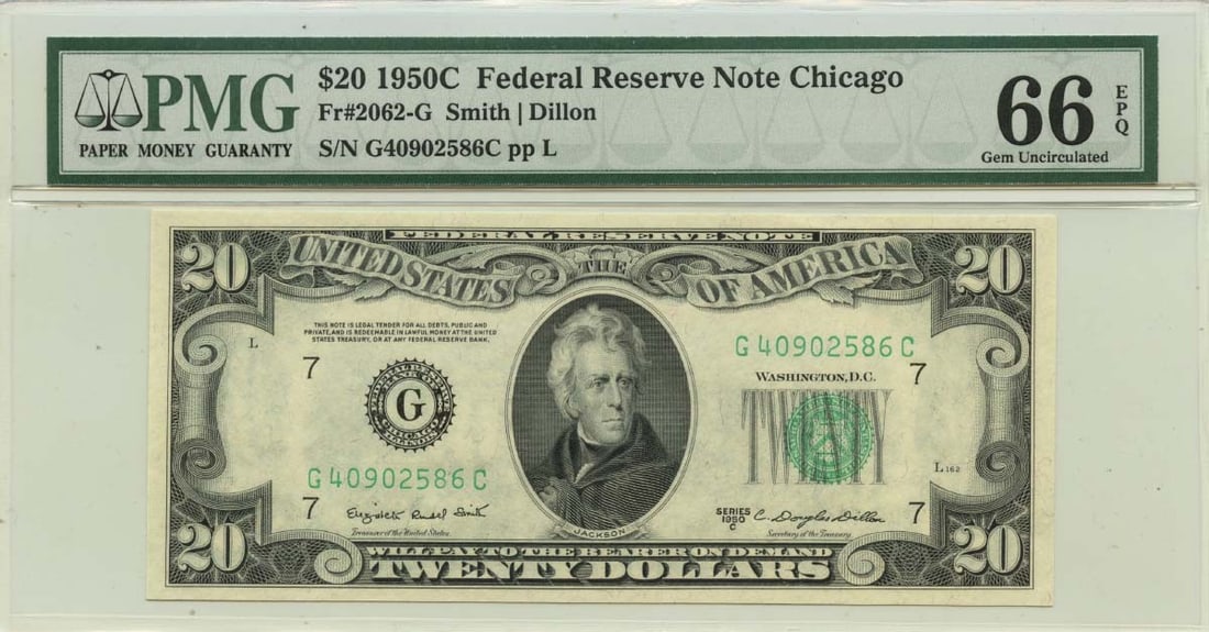 1950C $20 Federal Reserve Note Chicago Fr# 2062-G PMG Gem66 EPQ: 1950C $20 Federal Reserve Note Chicago Fr# 2062-G PMG Gem66 EPQ Item Specifics: Certification: PMG Certification Number: 1024549137 Grade: MS66 Circulated/Uncirculated: Uncirculated Denomination: Fede