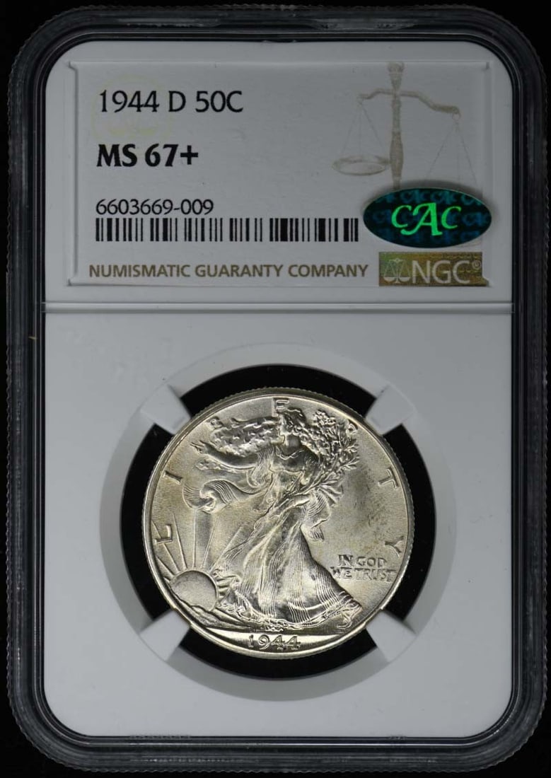 1944-D Walking Liberty Half Dollar 50C NGC MS67+ (CAC): 1944-D Walking Liberty Half Dollar 50C NGC MS67+ (CAC) The 1944-D Walking Liberty Half Dollar boasts an impressive NGC MS67+ grade, showcasing its exceptional condition. This uncirculated coin feature