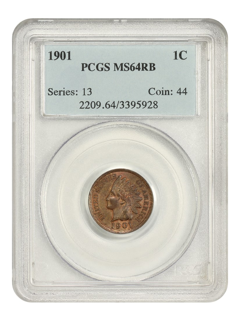 1901 1C PCGS MS64RB - Indian Cent: 1901 1C PCGS MS64RB - Indian Cent The 1901 Indian Cent, graded MS64RB by PCGS, boasts exceptional mint state condition with rich red and brown tones. Certified as uncirculated, this coin showcases its