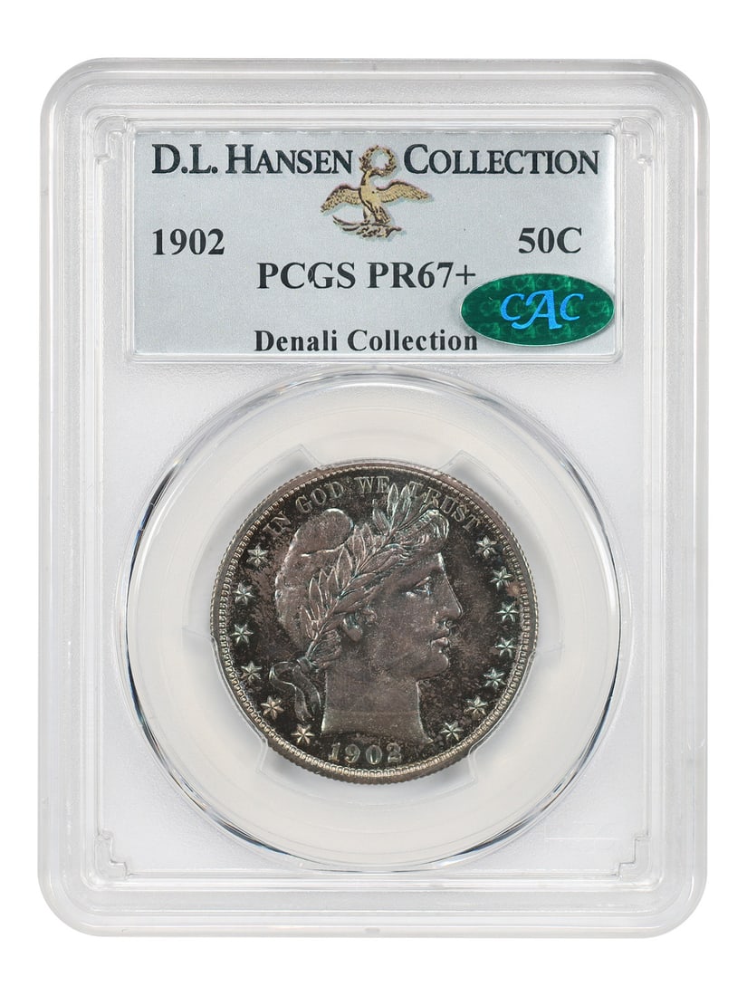 PCGS/ CAC PR67+ 50C ex D.L. Hansen: PCGS/ CAC PR67+ 50C ex D.L. Hansen PCGS/ CAC PR67+ 50C ex D.L. Hansen bears the highest level of certification for its condition, with a grade of PR67+ from both PCGS and CAC. This exceptional coin is