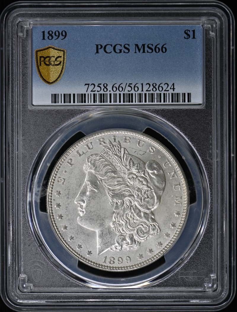 1899 $1 Morgan Dollar PCGS MS66: 1899 $1 Morgan Dollar PCGS MS66 The 1899 $1 Morgan Dollar, graded MS66 by PCGS, boasts exceptional condition with minimal wear. Certified as uncirculated, this coin showcases its original luster and m