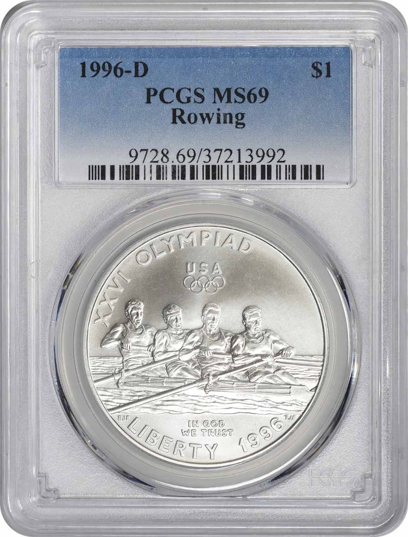 1996-D Rowing Olympic Silver Commemorative Dollar MS69 PCGS Mint State 69: 1996-D Rowing Olympic Silver Commemorative Dollar MS69 PCGS Mint State 69 The 1996-D Rowing Olympic Silver Commemorative Dollar boasts a stunning MS69 PCGS grade, showcasing exceptional details and lu