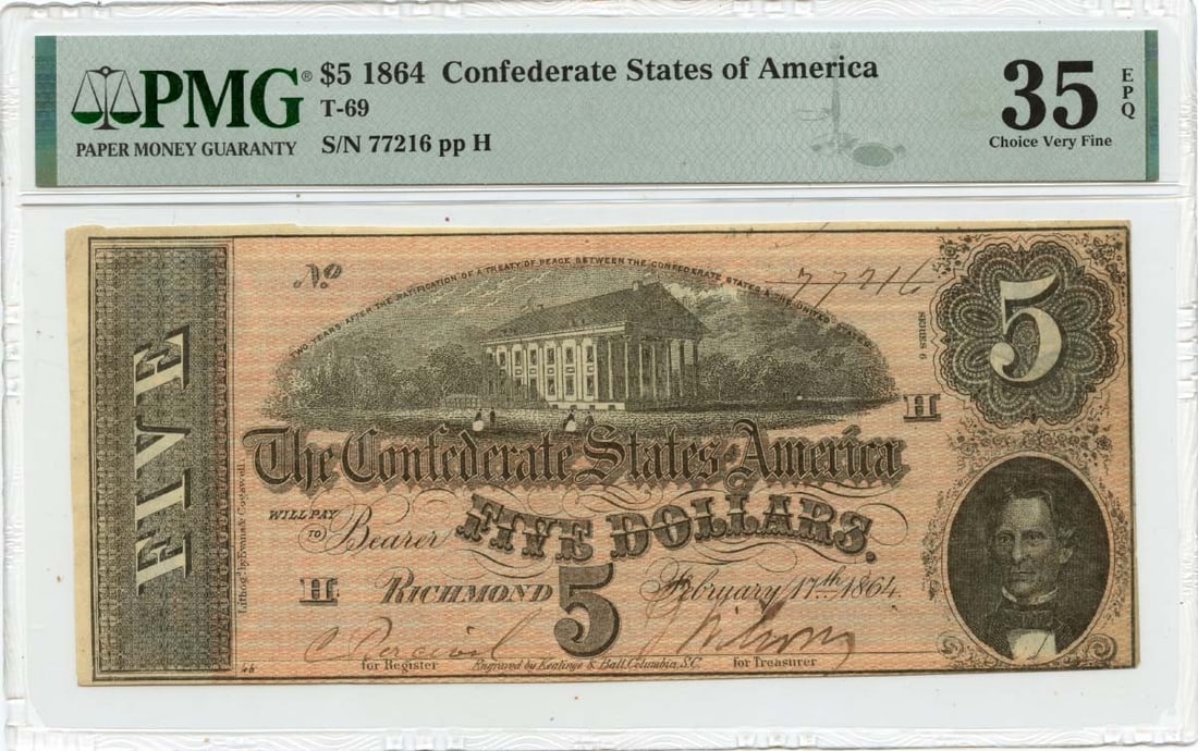 1864 $5 Confederate States of America T-69 CSA PMG VF35 EPQ: 1864 $5 Confederate States of America T-69 CSA PMG VF35 EPQ Item Specifics: Certification: PMG Certification Number: 2386796097 Grade: VF35 Circulated/Uncirculated: Circulated Denomination: Confederat