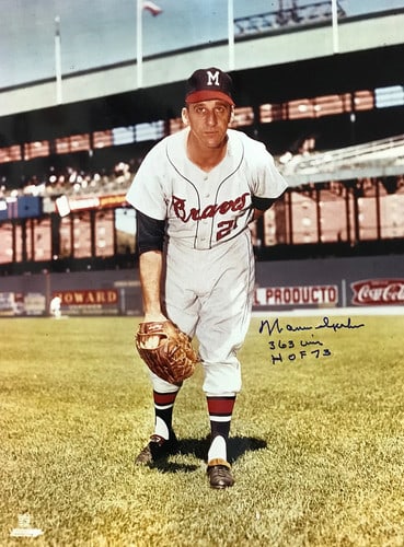 Warren Spahn Autographed 16x20 Baseball Photo: Warren Spahn Autographed 16x20 Baseball Photo Signed across the front in blue sharpie, Warren Spahn's inscription reads "363 Wins- HOF 73" on this 16x20 baseball photo. The legendary pitcher's signatu