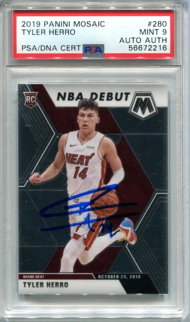 Tyler Herro 2019 Panini Mosaic #223 PSA Mint 9/ Auto Authentic Card: Tyler Herro 2019 Panini Mosaic #223 PSA Mint 9/ Auto Authentic Card Tyler Herro's 2019 Panini Mosaic #223 features his autograph in mint condition, graded by the Professional Sports Authenticator