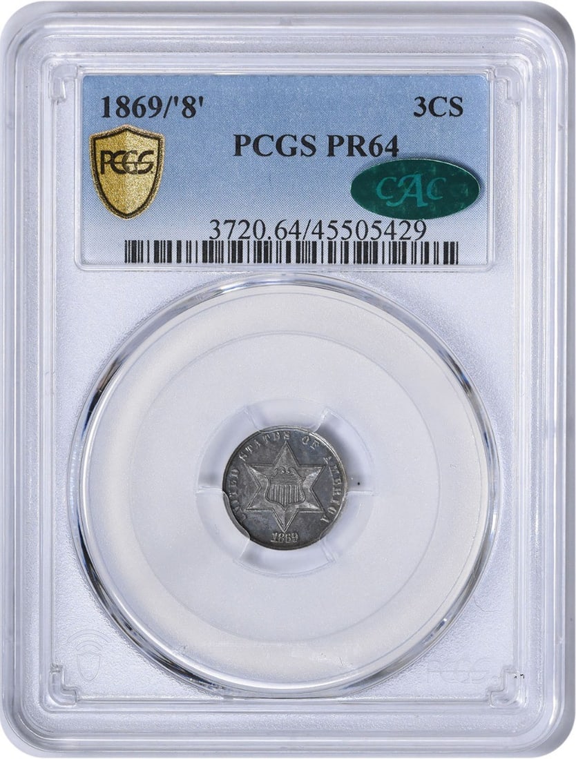 1869/ '8' Three Cent Silver PR64 PCGS (CAC) (1 of 3)