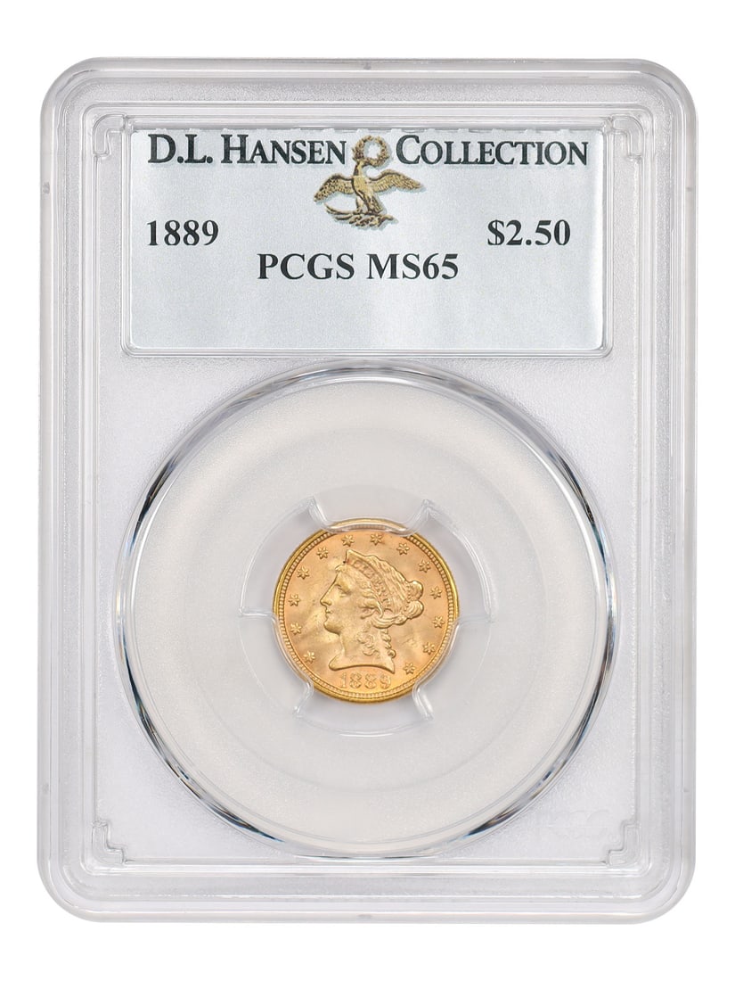 1889 $2.50 PCGS MS65 ex: D.L. Hansen - Liberty Head $2.5: 1889 $2.50 PCGS MS65 ex: D.L. Hansen - Liberty Head $2.5 The 1889 $2.50 Liberty Head half-dollar coin, graded MS65 by PCGS, boasts exceptional mint state condition and a rich history, having previousl