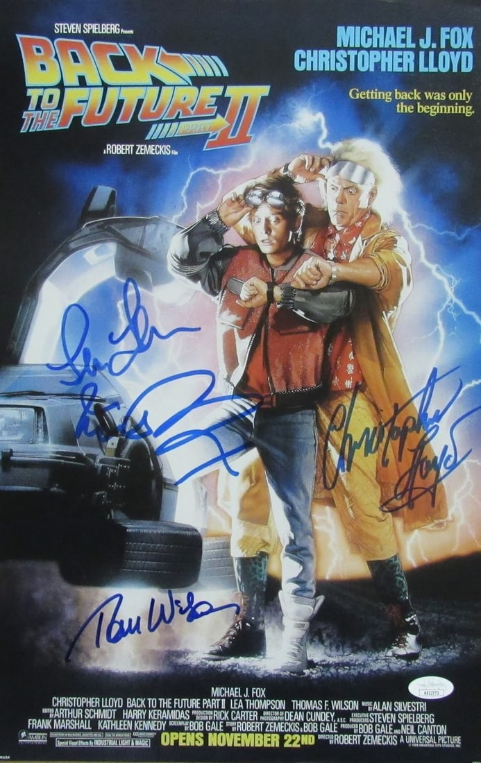 Michael J Fox/ Lloyd/ Thompson/ Wilson (4)Signed 11x17 Photo Back to Future JSA 096: Michael J Fox/ Lloyd/ Thompson/ Wilson (4)Signed 11x17 Photo Back to Future JSA 096 Signed by Michael J. Fox, Christopher Lloyd, Lea Thompson, and Thomas F. Wilson as Doc Brown, Marty McFly, Jennifer 