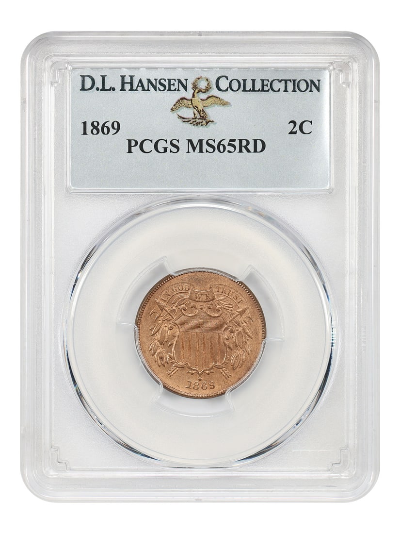 1869 2c PCGS MS65RD ex: D.L. Hansen: 1869 2c PCGS MS65RD ex: D.L. Hansen The 1869 2c PCGS MS65RD coin boasts a rich history, bearing the mark of the Philadelphia Mint and boasting a stunning reddish-brown color. Certified by the prestigi