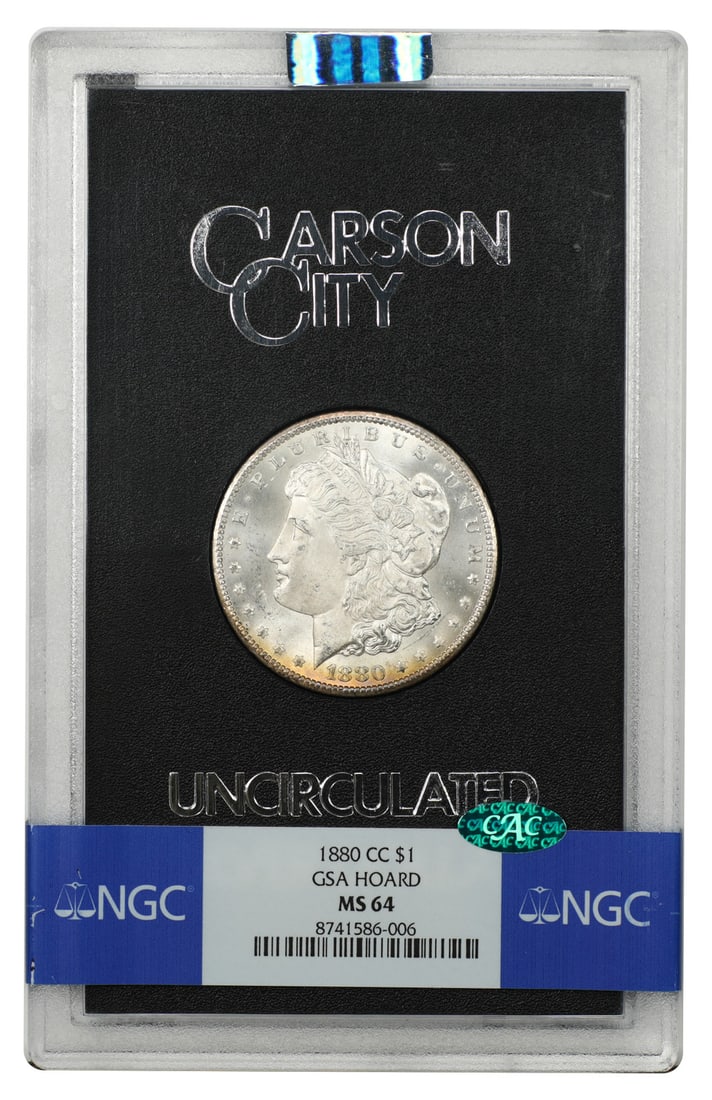 GSA: 1880-CC $1 NGC/ CAC MS64 - Morgan Dollar: GSA: 1880-CC $1 NGC/ CAC MS64 - Morgan Dollar 1880-CC $1 Morgan Dollar, certified MS64 by NGC and accepted by CAC. This uncirculated coin features the iconic design of Augustus Saint-Gaudens, with its