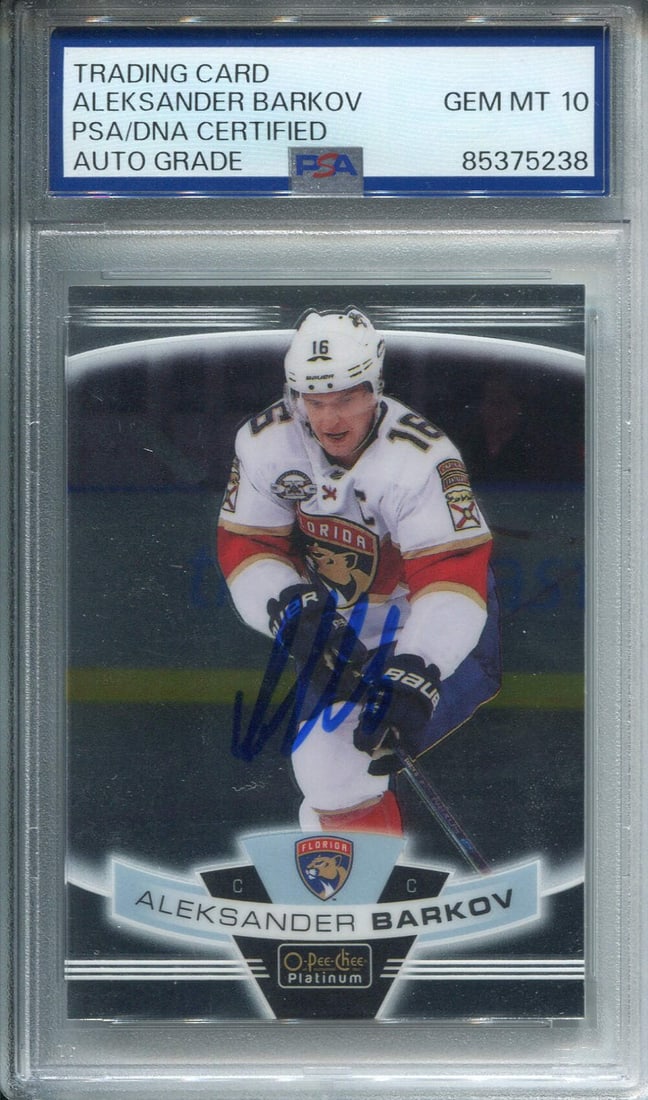 Aleksander Barkov Autographed O-Pee-Chee Card PSA Auto Grade 10: Aleksander Barkov Autographed O-Pee-Chee Card PSA Auto Grade 10 Aleksander Barkov's skills on the ice are now immortalized in this PSA graded O-Pee-Chee card, boasting a perfect 10 auto grade. This au