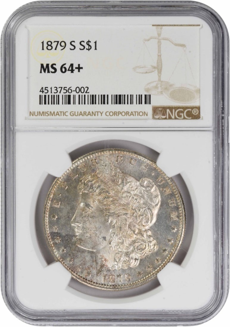 1879-S Morgan Silver Dollar MS64+ NGC: 1879-S Morgan Silver Dollar MS64+ NGC The 1879-S Morgan Silver Dollar MS64+ NGC is a highly detailed and well-crafted coin, featuring the iconic design of George T. Morgan with its reeded edge and San
