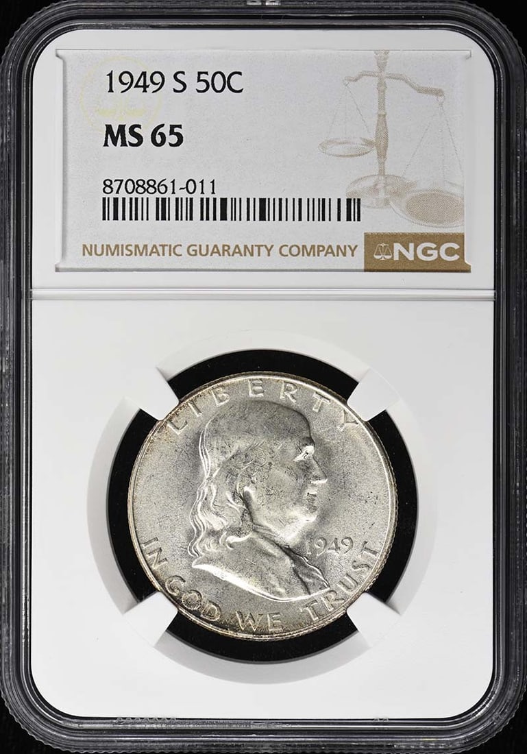 1949-S Franklin Half Dollar 50C NGC MS65: 1949-S Franklin Half Dollar 50C NGC MS65 The 1949-S Franklin Half Dollar is a highly graded MS65 coin, certified by the Numismatic Guaranty Corporation (NGC). This uncirculated coin features the iconi