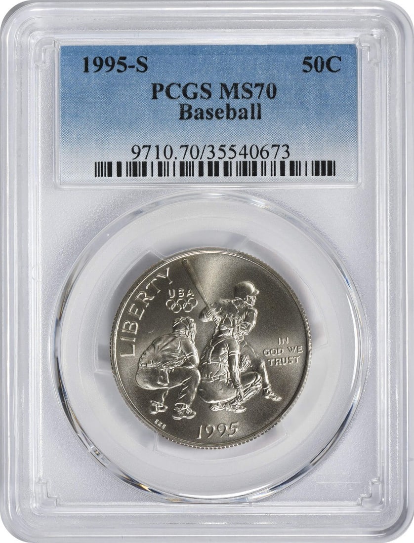MS70 PCGS Baseball Half Dollar 1995-Commemorative: MS70 PCGS Baseball Half Dollar 1995-Commemorative The MS70 PCGS Baseball Half Dollar 1995-Commemorative boasts an impressive grade, with the highest rating of MS70 from the Professional Coin Grading S