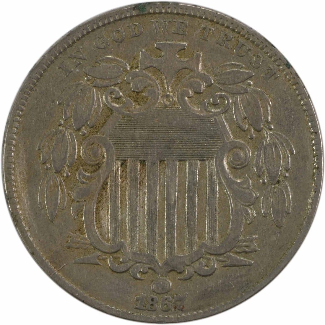 1867 Shield Nickel Rays EF Uncertified: 1867 Shield Nickel Rays EF Uncertified The 1867 Shield Nickel Rays EF Uncertified features an intricate design by James Barton Longacre, showcasing rays emanating from the shield. Made with a unique b