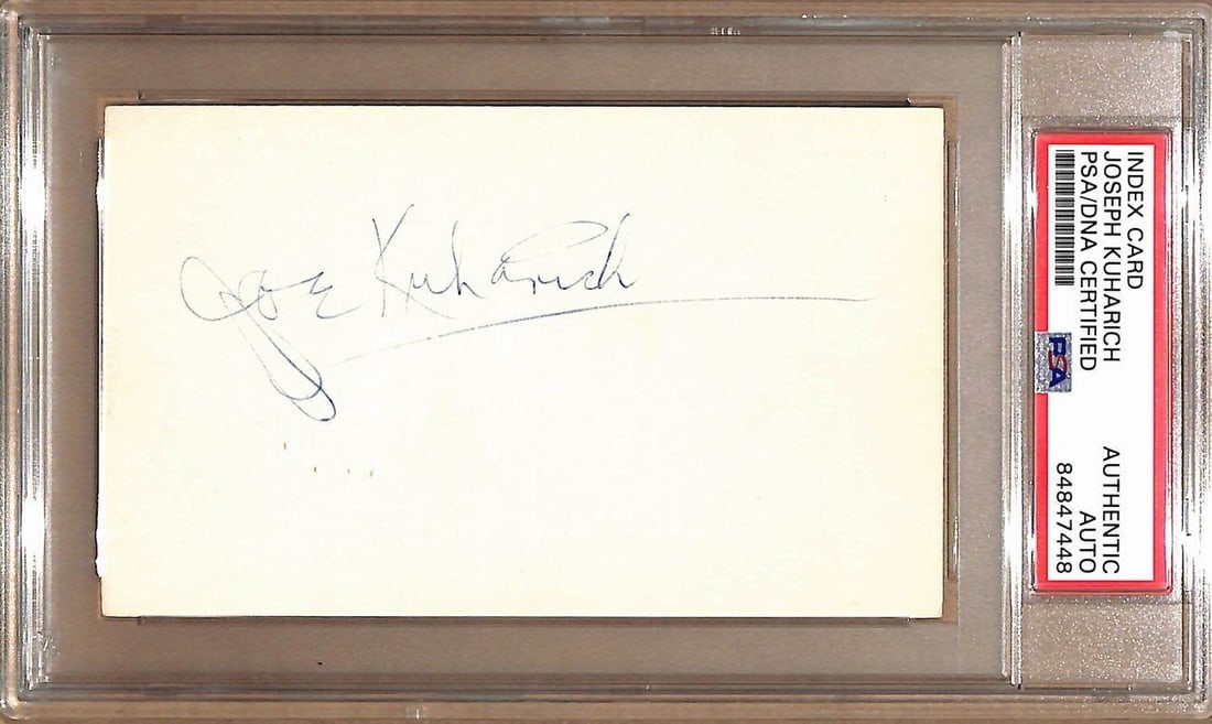 Notre Dame Notre Dame Joe Kuharich Autographed Index Card 3X5 PSA DNA: Notre Dame Notre Dame Joe Kuharich Autographed Index Card 3X5 PSA DNA Item Specifics: Autograph Authentication: PSA/DNA Original/Reprint: Original Product: Index Card Sport: Football Team: Notre Dame 