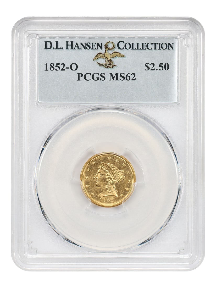 Liberty Head $2.5 ex D.L. Hansen PCGS MS62 1852: Liberty Head $2.5 ex D.L. Hansen PCGS MS62 1852 The Liberty Head $2.50 ex D.L. Hansen PCGS MS62 1852 features a striking design from the mid-19th century, with its classic portrait and intricate detai
