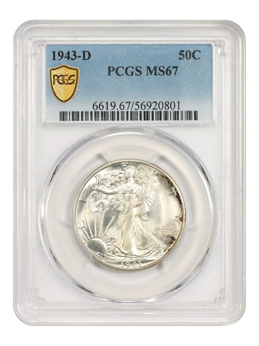 Walking Liberty Half Dollar 50C 1943 MS67 PCGS: Walking Liberty Half Dollar 50C 1943 MS67 PCGS The Walking Liberty Half Dollar, minted in 1943, boasts an MS67 grade from PCGS, indicating exceptional condition. This uncirculated coin features the ic