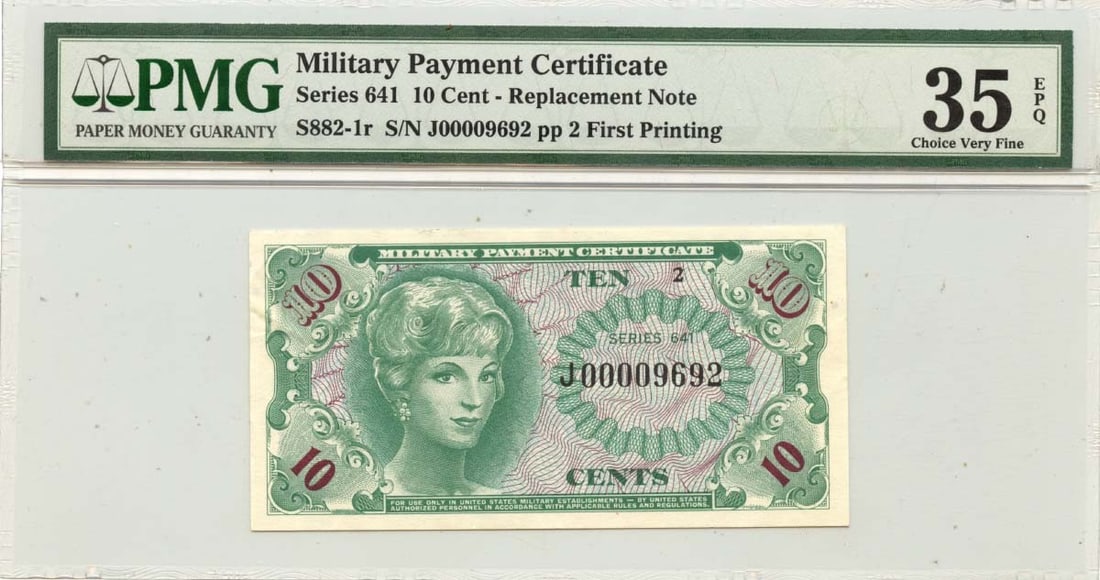 Series 641 10 Cents MPC PMG CHVF35 EPQ S882-1r First Printing: Series 641 10 Cents MPC PMG CHVF35 EPQ S882-1r First Printing Series 641 10 Cents MPC PMG CHVF35 EPQ S882-1r First Printing, certified by the Professional Currency Group (PMG) with a grade of VF35 and