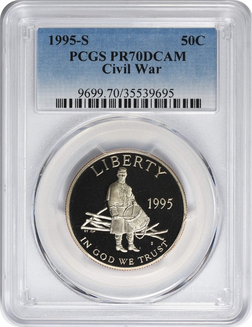1995-S Civil War Commemorative Half PR70DCAM PCGS Proof 70 Deep Cameo: 1995-S Civil War Commemorative Half PR70DCAM PCGS Proof 70 Deep Cameo The 1995-S Civil War Commemorative Half Proof 70 Deep Cameo boasts a stunning PR70DCAM grade from PCGS, showcasing exceptional det