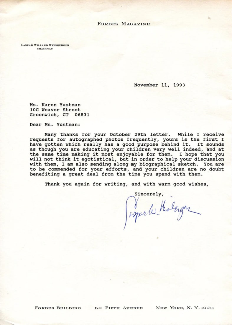 Caspar Weinberger Autographed 8x11 Letter: Caspar Weinberger Autographed 8x11 Letter Item Specifics: Item is authenticated by Rich Altman's and will be accompanied with a COA from . Product Disclaimer: All collectibles are sold as-is; any grad