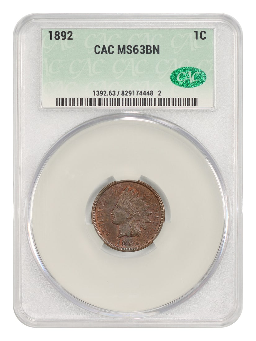 1892 1C CACG MS63BN - Indian Cent: 1892 1C CACG MS63BN - Indian Cent The 1892 Indian Cent, graded MS63BN by CACG, boasts a beautiful brown tone and exceptional mint state condition. Certified as uncirculated, this coin showcases its or