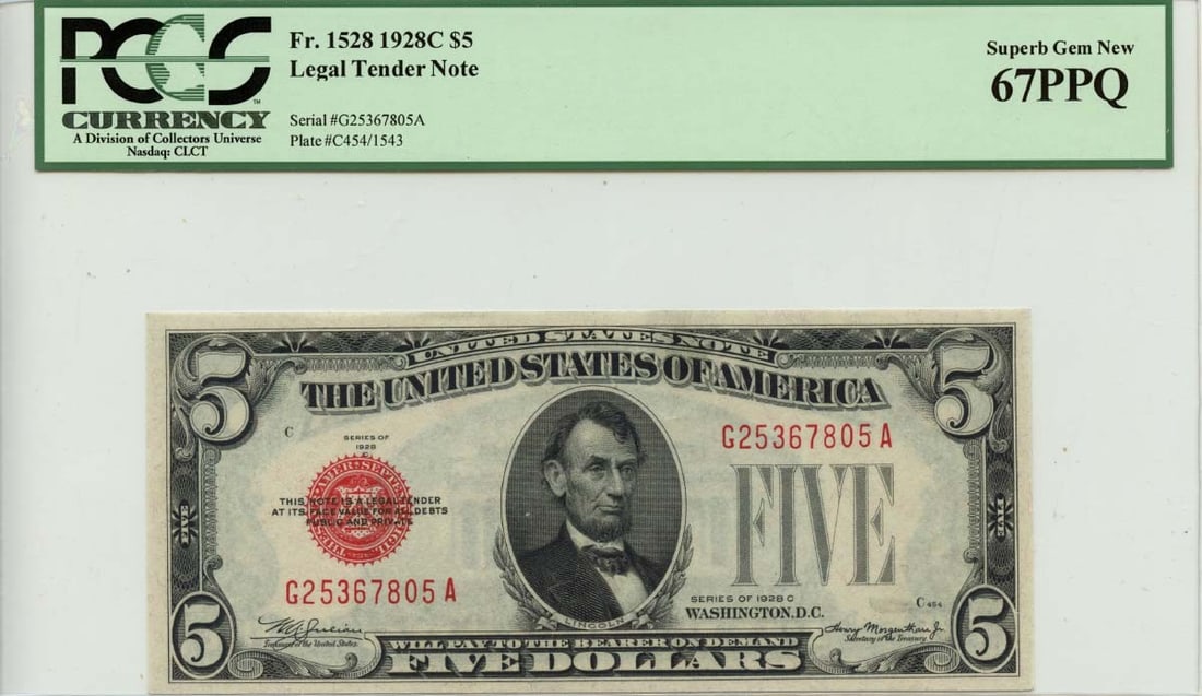 1928C $2 Legal Tender Red Fr# 1528 PCGS Superb Gem 67 EPQ: 1928C $2 Legal Tender Red Fr# 1528 PCGS Superb Gem 67 EPQ The 1928C $2 Legal Tender Red features a striking red color, characteristic of the series. Graded MS67 by PCGS, this note showcases exceptiona