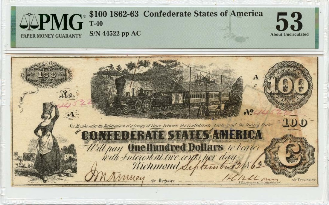 1862 $100 Confederate States of America T-40 CSA PMG AU53: 1862 $100 Confederate States of America T-40 CSA PMG AU53 Item Specifics: Certification: PMG Certification Number: 2196626041 Grade: AU53 Circulated/Uncirculated: Circulated Denomination: Confederate 
