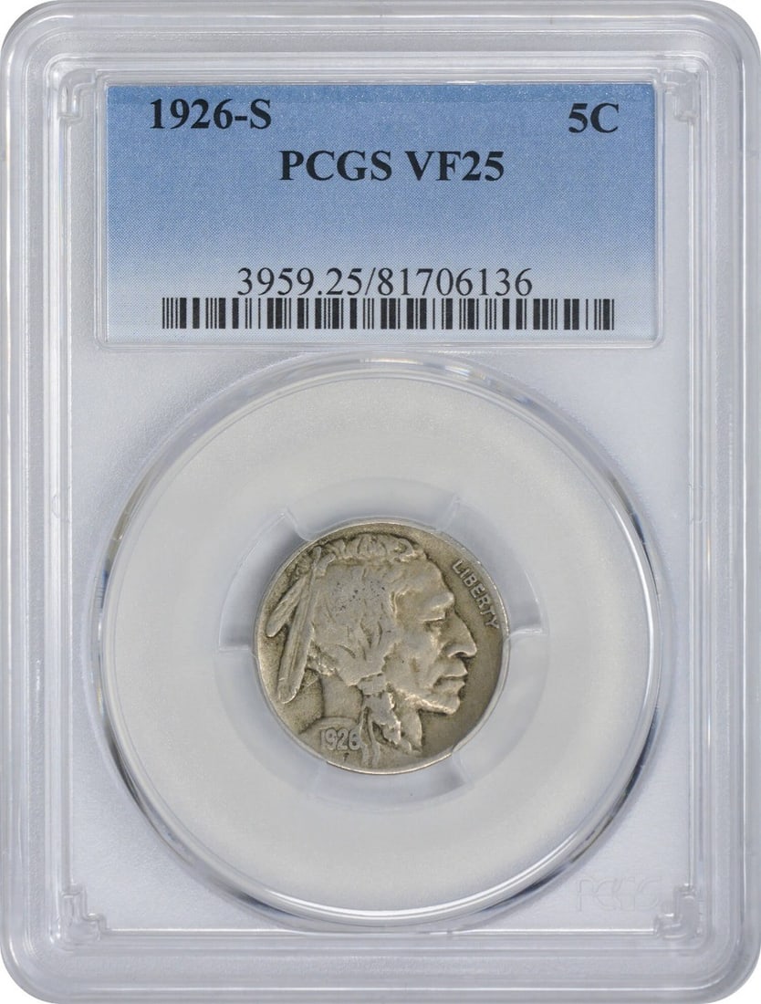 1926-S Buffalo Nickel VF25 PCGS: 1926-S Buffalo Nickel VF25 PCGS The 1926-S Buffalo Nickel is a highly detailed design, featuring the iconic buffalo nickel design with its distinctive head and body. This coin was minted in San Franci