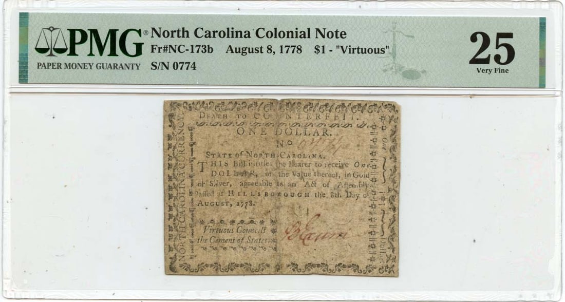1778 August 8, $1 North Carolina Colonial Note FR#NC-173b PMG VF25: 1778 August 8, $1 North Carolina Colonial Note FR#NC-173b PMG VF25 This 1778 August 8, $1 North Carolina Colonial Note features a unique design and bears the signature of its creator. Certified by PMG