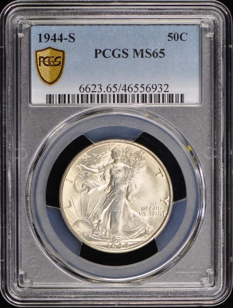 1944-S 50C Walking Liberty Half Dollar PCGS MS65: 1944-S 50C Walking Liberty Half Dollar PCGS MS65 The 1944-S Walking Liberty Half Dollar, graded MS65 by PCGS, boasts exceptional mint state condition with crisp details and minimal wear. This uncircul