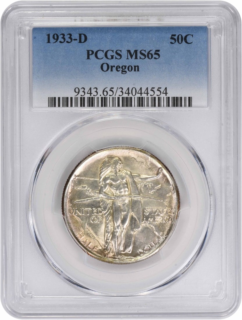 MS65 PCGS MS65 PCGS Silver Half Dollar 1933-D Oregon: MS65 PCGS MS65 PCGS Silver Half Dollar 1933-D Oregon The MS65 PCGS Silver Half Dollar 1933-D Oregon boasts an impressive grade, recognized by the esteemed PCGS organization. This rare coin features a 