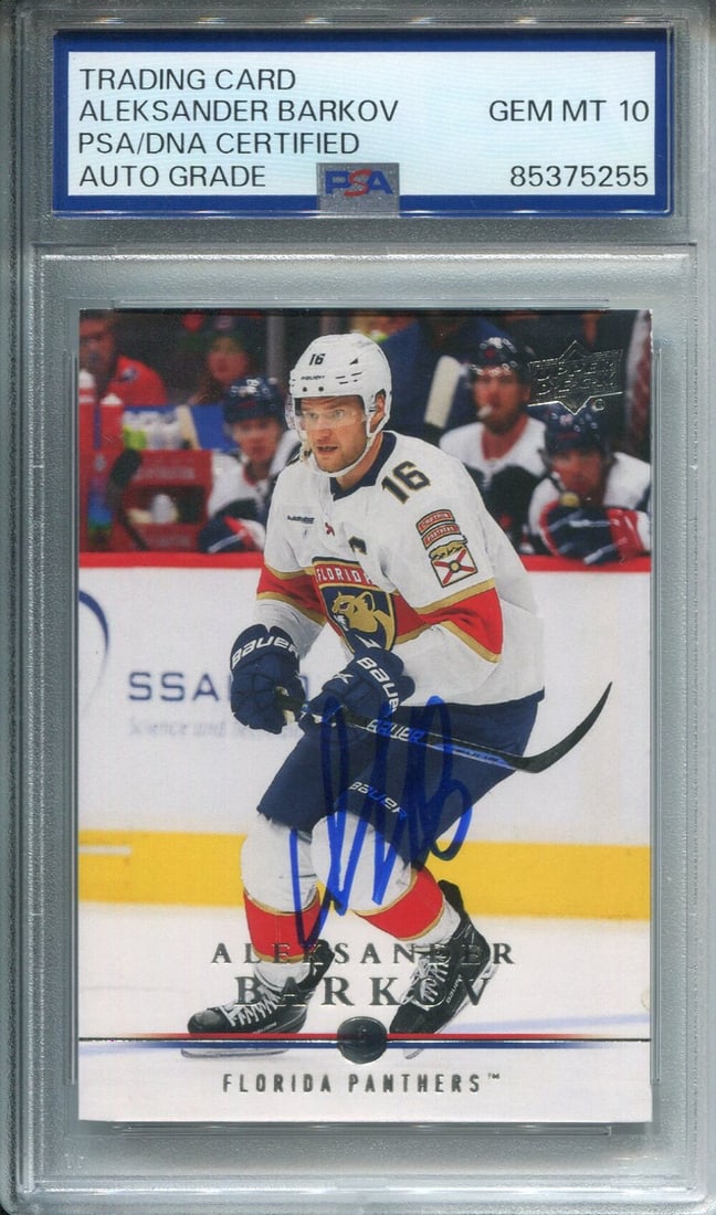 Aleksander Barkov Autographed Upper Deck Card PSA Auto Grade 10: Aleksander Barkov Autographed Upper Deck Card PSA Auto Grade 10 Aleksander Barkov's skill on the ice translates to his Upper Deck card, which boasts a perfect 10 auto grade from PSA. This autographed 