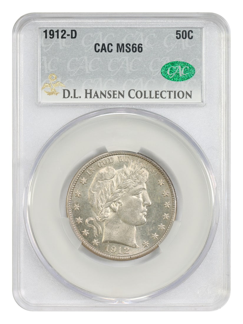 1912-D 50C CACG MS66 ex: D.L. Hansen - Barber Half Dollar - Flashy Luster: 1912-D 50C CACG MS66 ex: D.L. Hansen - Barber Half Dollar - Flashy Luster The 1912-D 50C CACG MS66 ex: D.L. Hansen Barber Half Dollar boasts an exceptional Flashy Luster, a highly sought-after charact