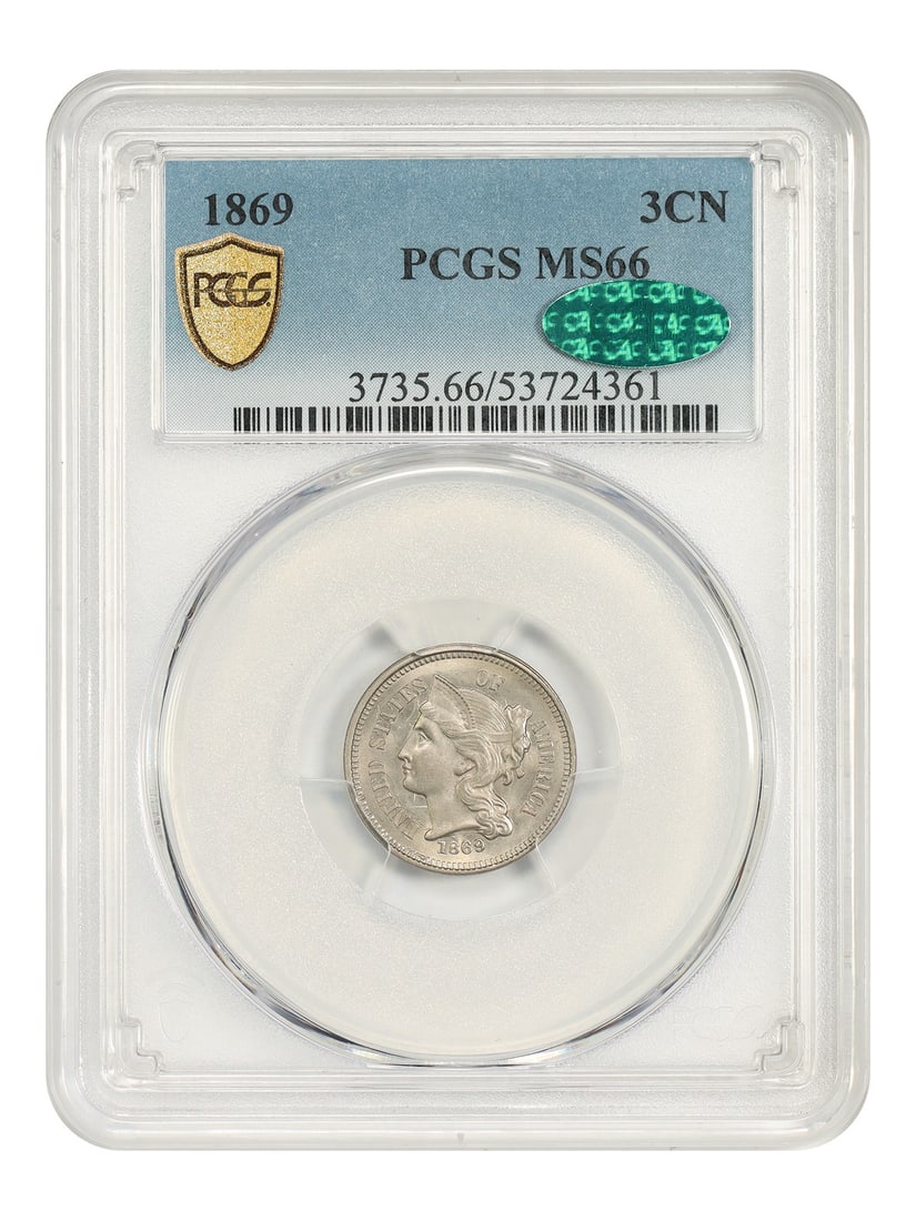 1869 3CN PCGS/ CAC MS66 - Three Cent Nickel: 1869 3CN PCGS/ CAC MS66 - Three Cent Nickel The 1869 Three Cent Nickel, graded MS66 by PCGS and CAC, showcases exceptional preservation with its rich, dark patina. This uncirculated coin boasts a stri