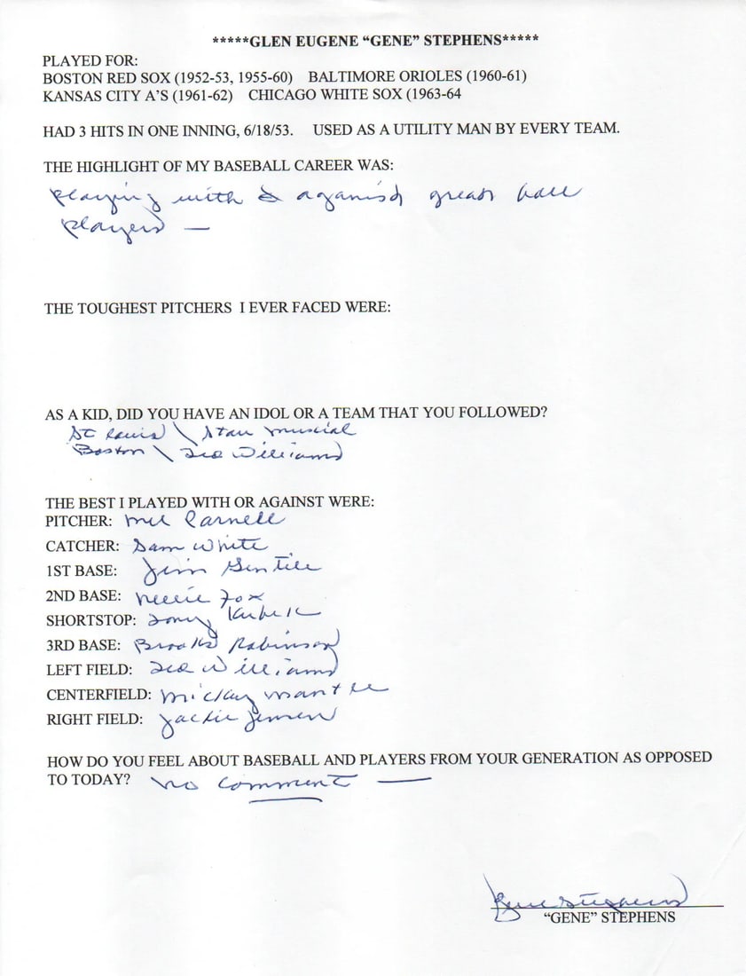 Stephens Gene Autographed Hand Filled Out JSA Survey Page: Stephens Gene Autographed Hand Filled Out JSA Survey Page Item Specifics: Brand: James Spence Authentication (JSA) Gene Stephens Autographed Hand Filled Out Survey Page Signed and filled out in blue p
