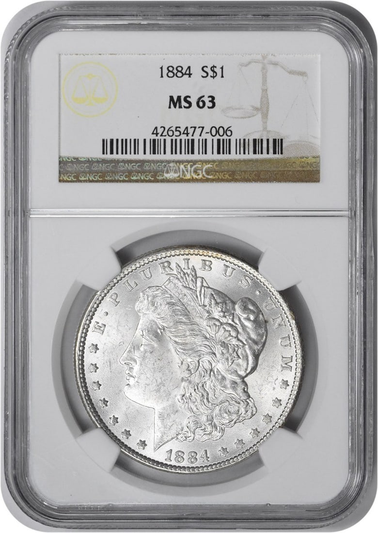 Morgan Silver Dollar MS63 NGC: Morgan Silver Dollar MS63 NGC MS63 Morgan Silver Dollar from 1884, certified by the NGC as Uncirculated, boasts a rich history and stunning design. With its 90% silver composition and reeded edge, thi