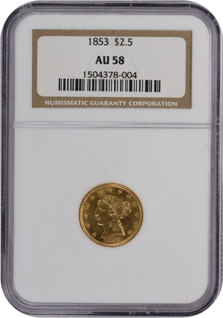 1853 $2.50 Gold Liberty Head AU58 NGC: 1853 $2.50 Gold Liberty Head AU58 NGC This 1853 $2.50 Gold Liberty Head coin features an AU58 grade from the NGC, indicating its high level of preservation and quality. With a mintage of over 1.4 mill