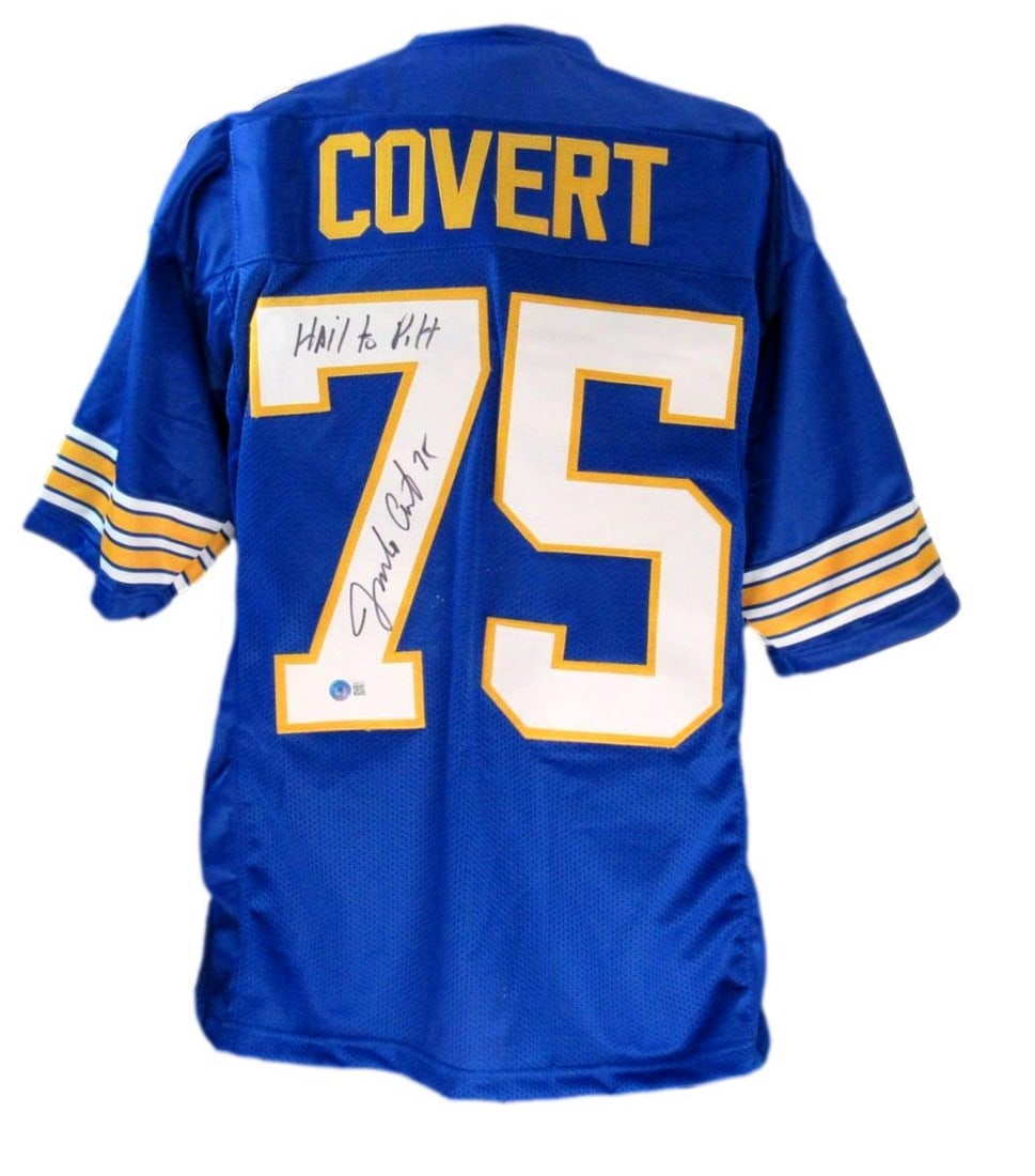Jim Covert Signed/ Inscr Blue Custom Football Jersey Univ of Pitt Beckett 186590: Jim Covert Signed/ Inscr Blue Custom Football Jersey Univ of Pitt Beckett 186590 Authentic Jim Covert signed/inscribed blue custom football jersey from the University of Pittsburgh, verified by Becket
