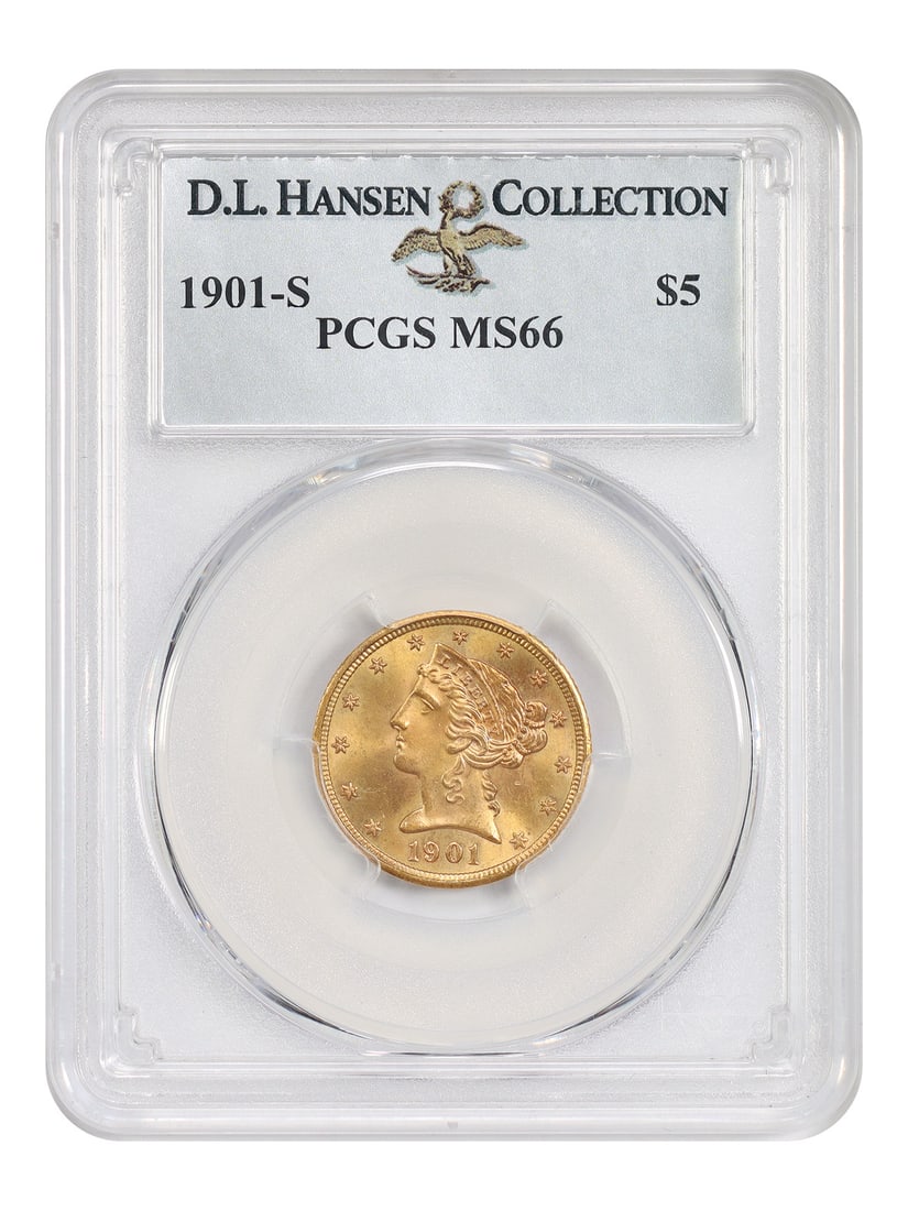 1901-S $5 PCGS MS66 ex: D.L. Hansen: 1901-S $5 PCGS MS66 ex: D.L. Hansen The 1901-S $5, graded MS66 by PCGS, boasts its original uncirculated condition, showcasing the San Francisco mint's signature style. This coin bears the certificati