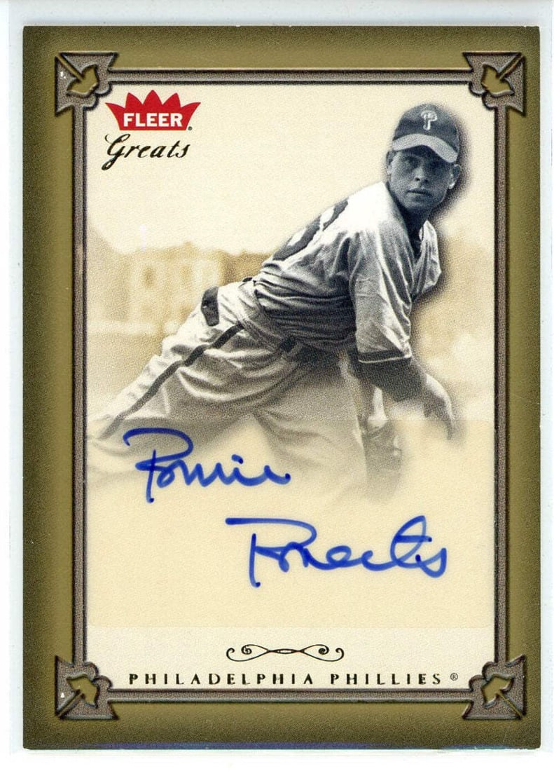 Robin Roberts Autographed 2004 Fleer Greats Card #GBA-RR: Robin Roberts Autographed 2004 Fleer Greats Card #GBA-RR Robin Roberts' name is signed in blue sharpie across the front of this 2004 Fleer Greats Card #GBA-RR. The card features a notable autograph fr